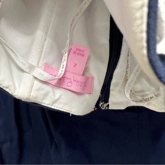 Lilly Pulitzer Betsey Navy Blue Eyelet Embroidered Lace Strapless Sate Dress 2 - Picture 6 of 6